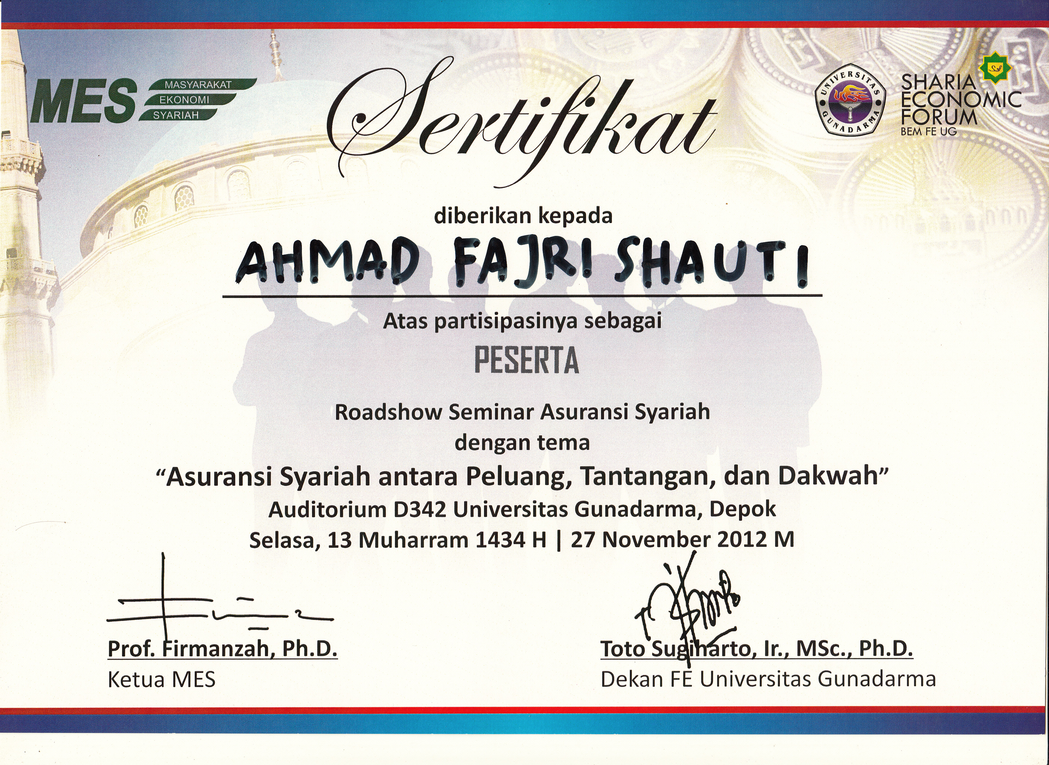 Sertifikat Roadshow Seminar Nasional Asuransi Syariah 